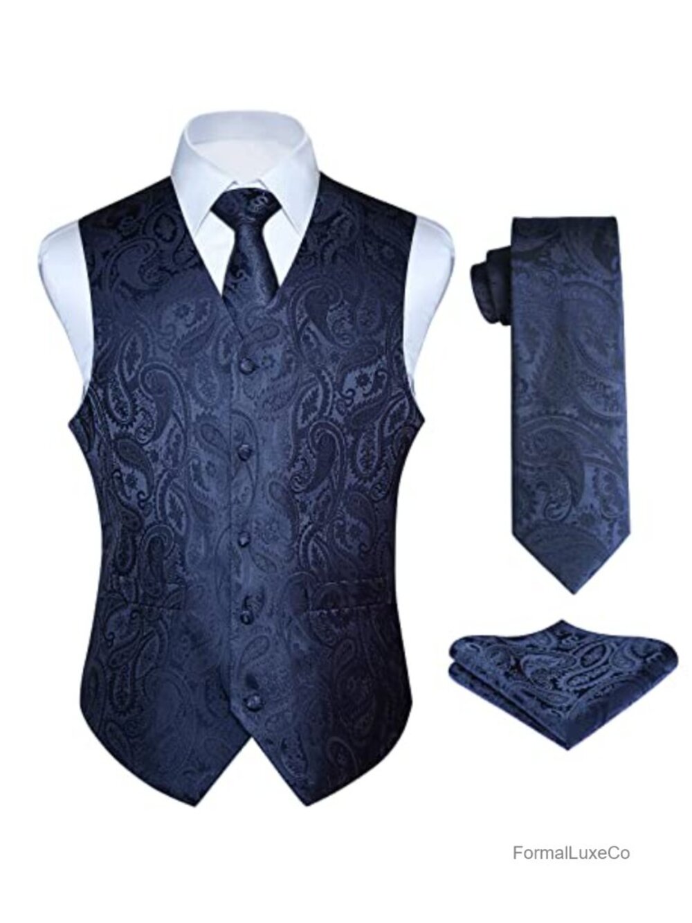 Men's Paisley Floral Jacquard Vest Tie Pocket Square Set 3 Piece Formal